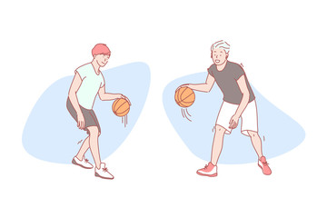 Guys play basketball set concept