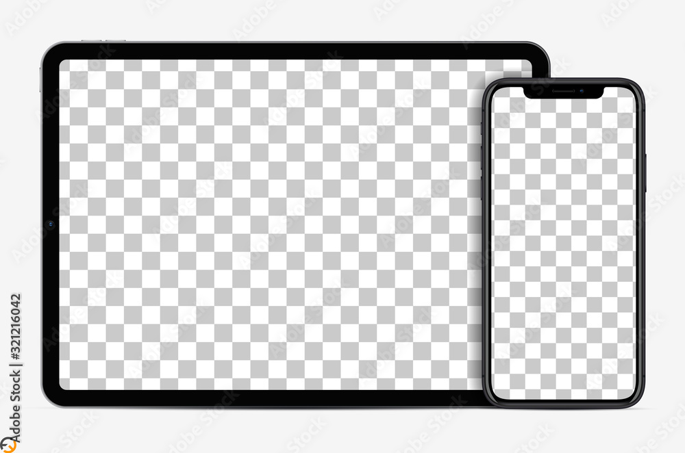 Wall mural mockup screen devices: tablet and smartphone black color with blank screen for your design. vector i