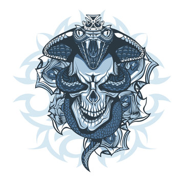 Tattoo design of Queen Cobra over skull on background of roses.