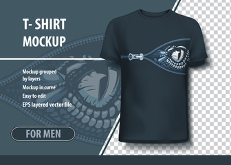 T-shirt mock-up template with open zipper and monster eye inside. Editable vector layout.