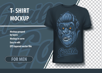 T-shirt mock-up template with Gorilla inscription and scary head. Editable vector layout.