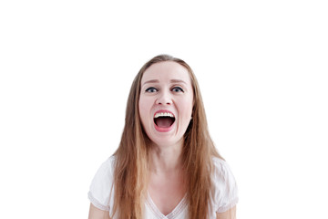 Exited attractive young woman laughing or screaming, close-up portrait