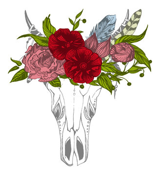 Cow, buffalo, bull skull in tribal style with flowers. Bohemian, boho vector illustration. Wild and free ethnic gypsy symbol.