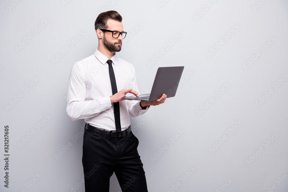 Sticker portrait of confident cool expert man entrepreneur use computer read document make project look scre