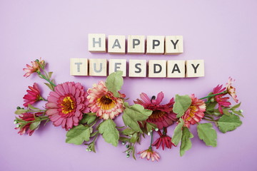Happy Tuesday alphabet letters with pink flower decoration on purple background