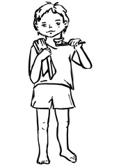 Illustration drawn by hand with a black marker. A boy with a toothbrush is about to brush his teeth. On white background. For banners and cards.
