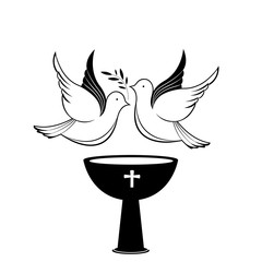 A couple of pigeons with a branch above the baptismal bowl. Design for christening ceremony.