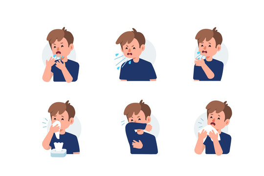 Kid Character Sneezing and Coughing Right and Wrong. Medical Recommendation How to Sneeze Properly. Prevention against Virus and Infection. Hygiene Concept.  Flat Cartoon Vector Illustration.