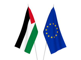 National fabric flags of European Union and Palestine isolated on white background. 3d rendering illustration.
