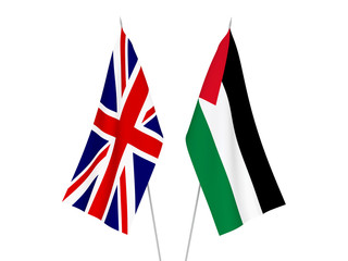 National fabric flags of Great Britain and Palestine isolated on white background. 3d rendering illustration.