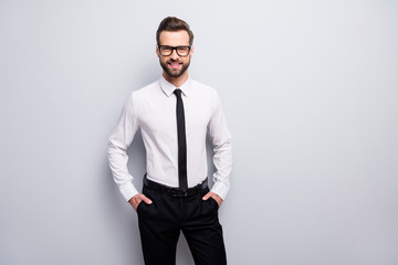 Photo of handsome macho business man toothy beaming smiling friendly chief hands in pockets wear...
