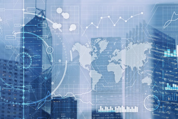 Data Analysis. Trading Control Panel on Virtual Screen Modern City Background.