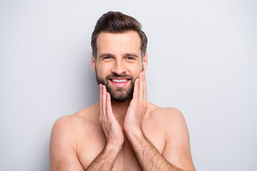 Closeup photo of metrosexual macho man guy hands touch perfect stubble hair look mirror masculine...