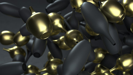 3d render a random flying of golden and black vases on the black background with depth of field.