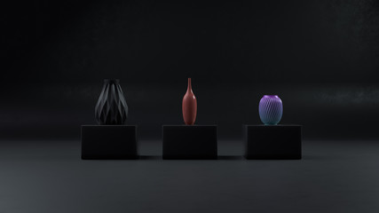 3d render three modern ceramic vases stand on the black cubes on black background.