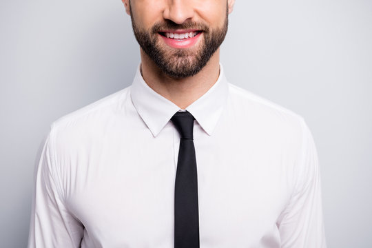 Cropped closeup photo of handsome business man hiding half face beaming smiling friendly chief worker wear white office shirt black tie isolated grey color background