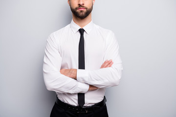 Cropped photo of handsome business man bossy crossed arms hiding half face not smiling wear white...