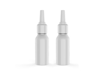 White blank plastic nasal drops bottle with dispenser pump, mock up template on isolated white background, 3d illustration