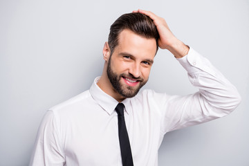 Closeup photo of macho business man touch groomed neat hairdo salon beaming smiling look mirror love himself wear white office shirt tie isolated grey color background