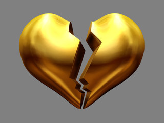 broken heart in gold, 3d illustration