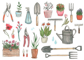 Set of garden elements for design. Hand-drawn watercolor illustration. Potted plants, watering can,...