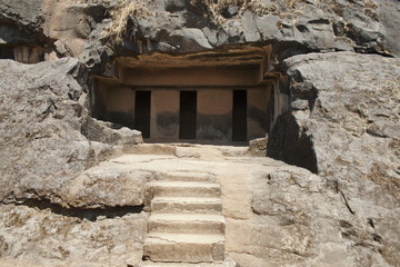 Facade of a vihara showing cell doors. Circa 150 B.C. Bhaja caves, Dist. Pune, Maharashtra India
