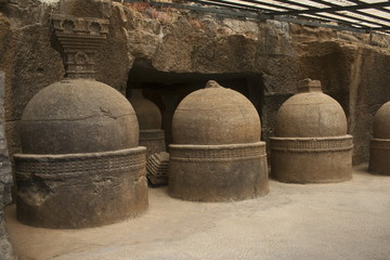 Votive stupas also called as memorial stupas on the way to cave No. 20. circa 150 B.C. Bhaja caves, Dist. Pune, Maharashtra India