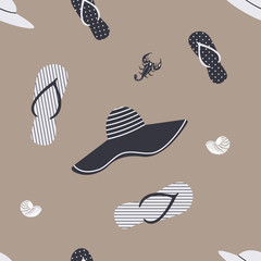 Cute summer beach seamless pattern with flip-flops, beautiful women's hat in white and navy, seashells and Scorpion. Gorgeous backdrop for website, beach bags, fabric.Vector flat illustration