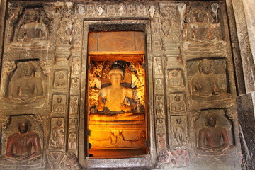 Cave 7 : Seated Buddha Statue with halo, Ajanta Caves, Aurangabad, Maharashtra