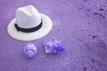 Pop art surreal style white straw hat on the sand beach with seashells in purple color