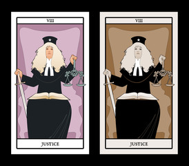 Major Arcana Tarot Cards. Justice. Woman dressed in a wig and judge's clothes, holding a sword in one hand and a scale in another, with an open book on the lap