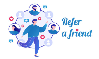 Refer a friend concept. Referral program, referral marketing, referring friends. Vector illustration.