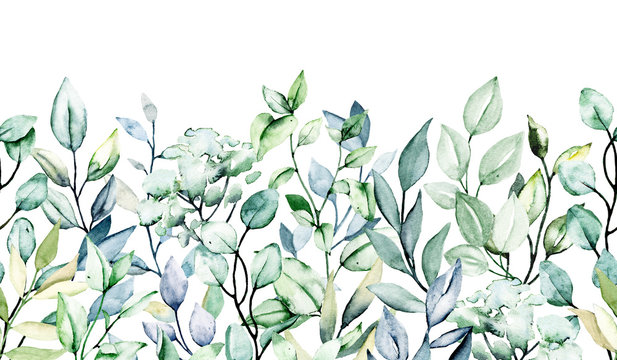 Repeat border, pattern with watercolor leaf, hand painting leaves, isolated on white. Perfectly for web design, greeting, wedding invitation, fabric and other printing. 