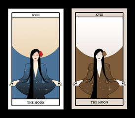 Major Arcana Tarot Cards. The Moon. Beautiful girl meditating in lotus position and full moon in the background. Constellation clothes, long dark hair and red flower in the hair