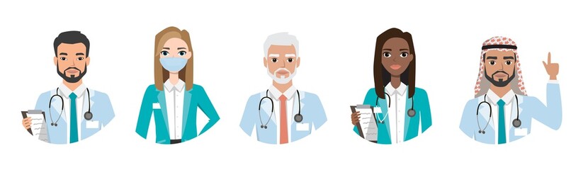Group of doctors, nurses and medical staff people. Different nationalities. Hospital medical team concept. People character set
