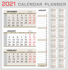 Calendar planner template 2021. Week start from Monday. 3 month calendar on page, with right stripe calender of the topical month. Ready for print. Vector Illustration