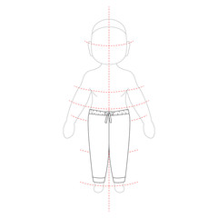 Male pants. KIds trousers design template. Front and back view. Technical sketch of casual pants. Vector illustration