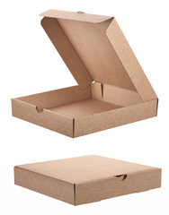 Set of two angles of a cardboard packaging box for flat items with an open and closed lid, isolated on a white background.