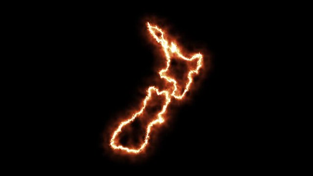 Outline map of New Zealand on fire. 3D Render