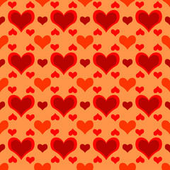 Valentines Day pattern with red hearts on orange background