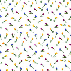 Seamless pattern of watercolor blue and yellow flowers. Pattern small floret. White background.