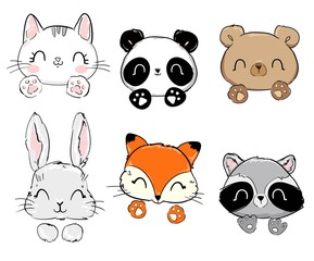 Cat, panda, bear, hare, fox, raccoon. Vector illustration.