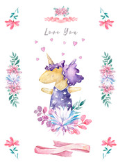 Watercolor isolated cute watercolor unicorn clipart. Nursery unicorns illustration. Princess unicorns poster. Trendy pink cartoon horse. Birthday invite card