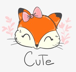 Cute fox with bow and leaves. Vector illustration. Sketch print design beautiful forest animal for baby t-shirt, background, textile. For newborns design elements.