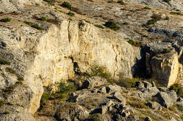 Cape Alchak on southern coast of Crimea on outskirts of resort town of Sudak. Closeup of huge...