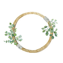 Watercolor vintage eucalyptus decor. Hand drawn сircle frame, leaves, plants, wooden textured sign on white background. Wedding, birthday and party card.