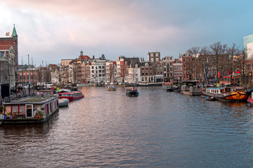City scenic from Amsterdam in the Netherlands at sunset