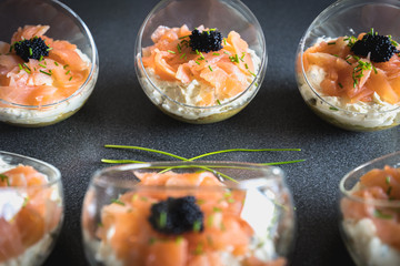 verrine salmon lumpfish egg fresh cheese and avocado bed