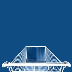 First-Person View of White Shopping Cart Isolated on Trendy Blue Background. 3D Render.