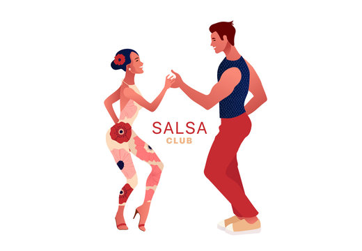 Happy Valentine's Day. Salsa party club. Beautiful young couple dancing salsa in the city. Street dancing. People in love, dating. Vector illustration cartoon style. Dance studio logo.